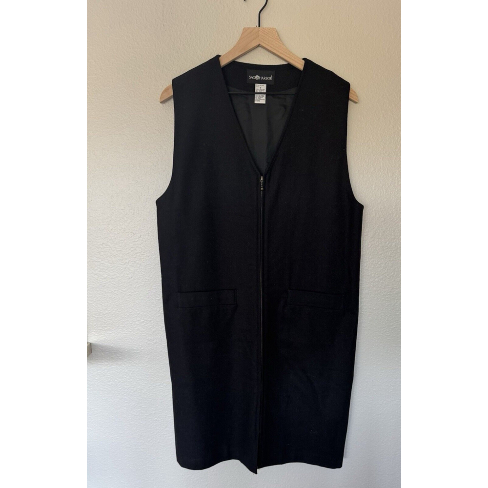 Vintage SAG HARBOR Womens Black Wool Full Zip Jumper Dress Sz 8 Sleeveless Pckts